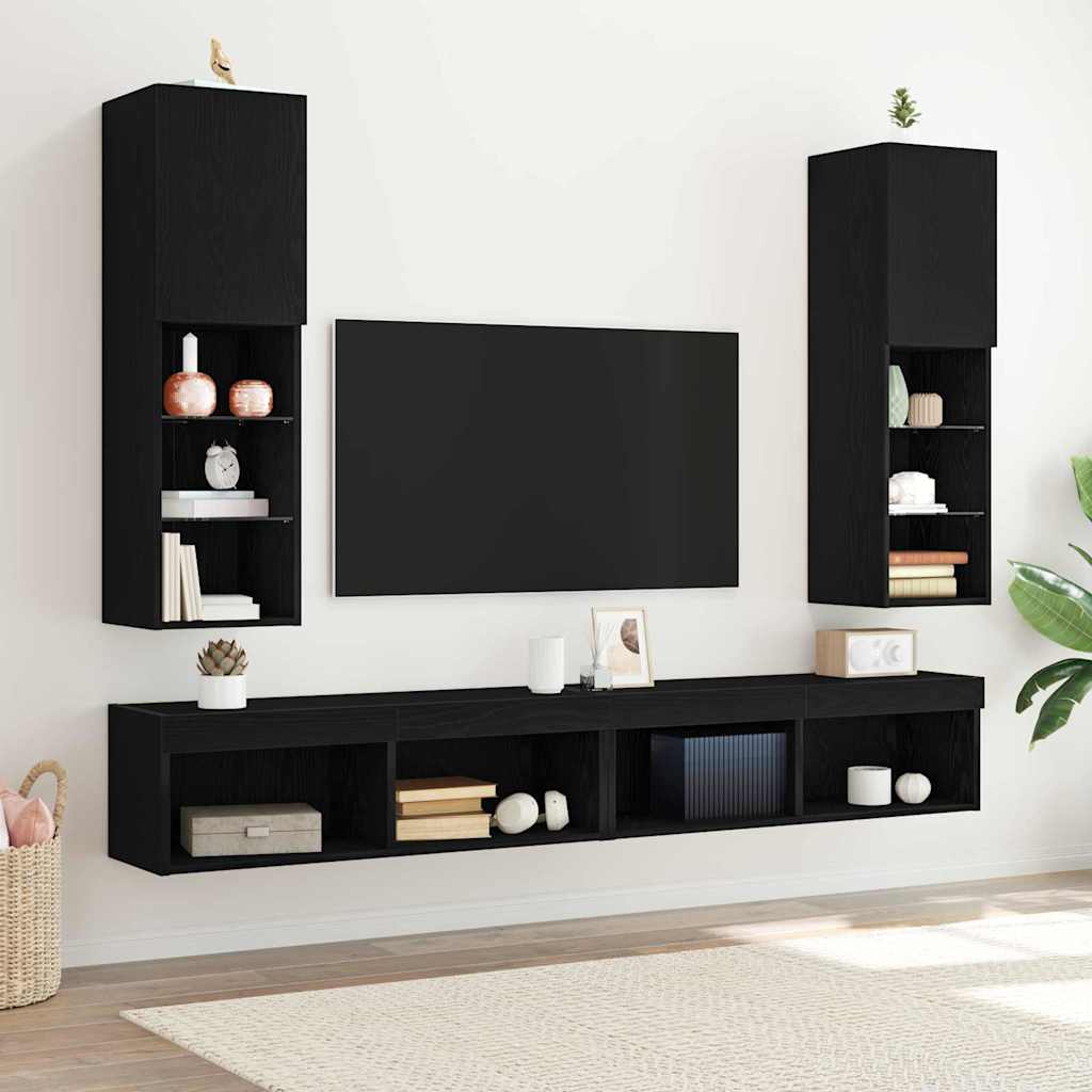 Tv-Bänkset 2 Pcs Svart Ek 30,5 X 30 X 102 Cm Konstruerat Trä