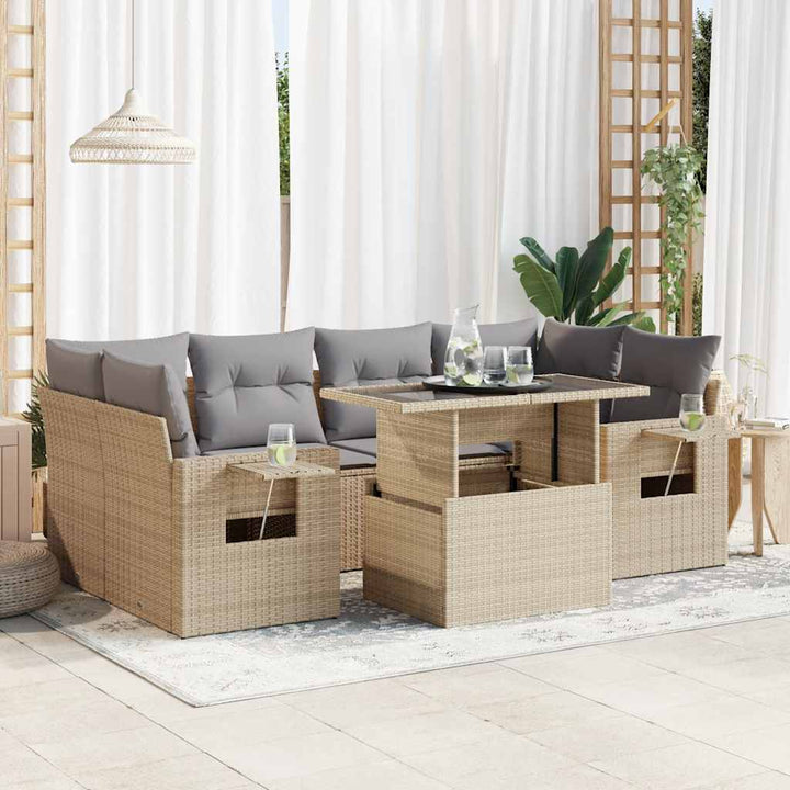 Matgrupp För Trädgården Med Dynor 7 Delar Beige Konstrotting