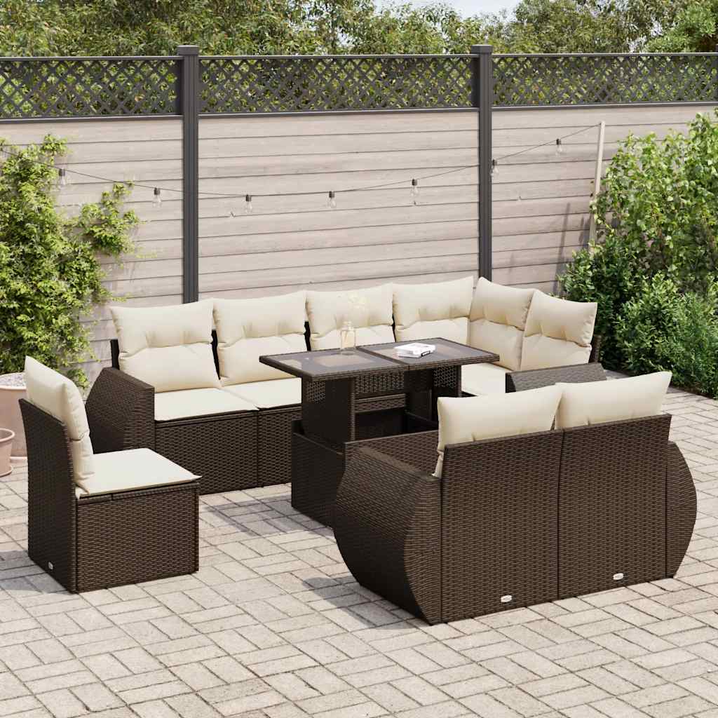 Loungegrupp För Trädgården Med Dynor 9 Delar Konstrotting Brun