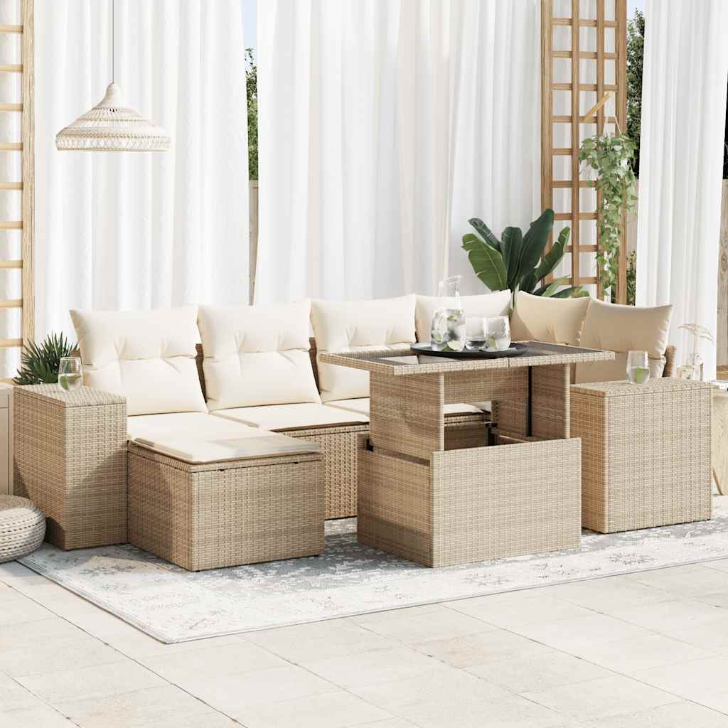 Matgrupp För Trädgården Med Dynor 7 Delar Beige Konstrotting