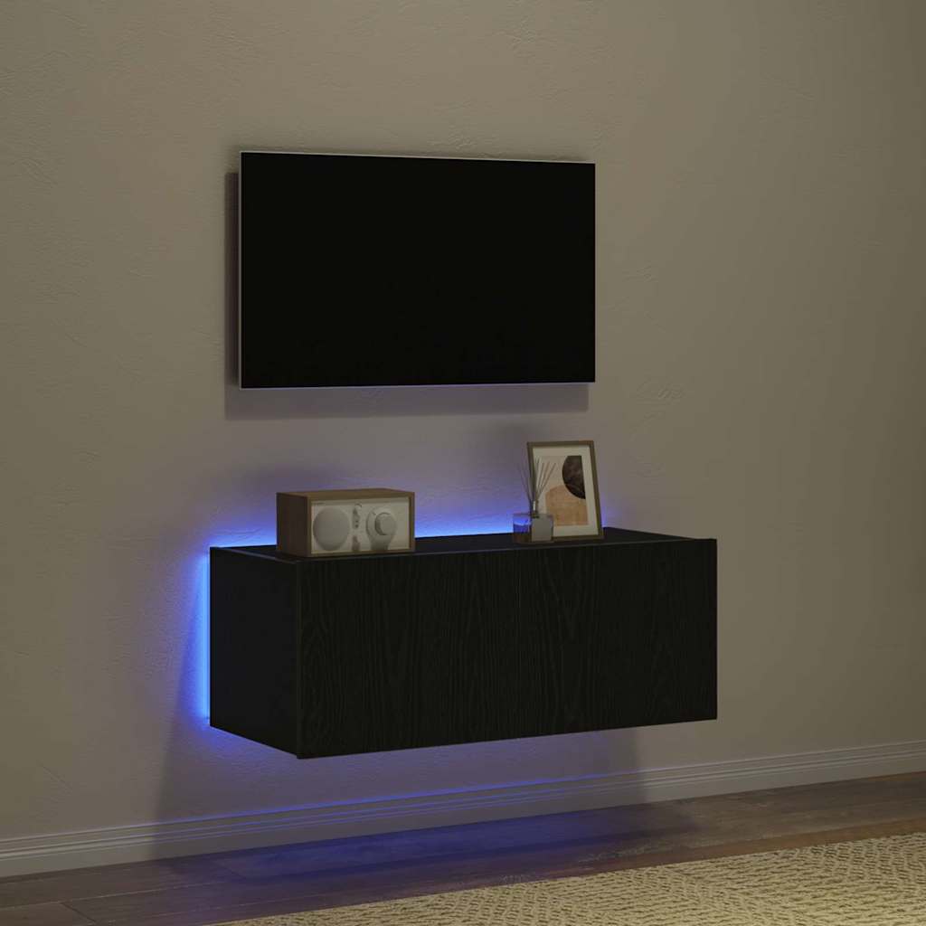 Tv Vägghylla Med Led Svart Ek 80 X 35 X 31 Cm Konstruerat Trä