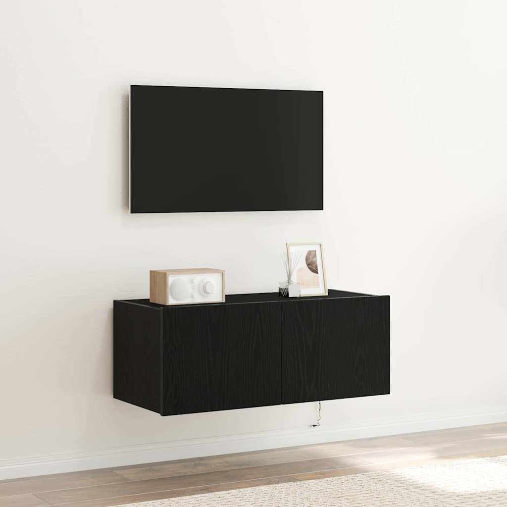 Tv Vägghylla Med Led Svart Ek 80 X 35 X 31 Cm Konstruerat Trä