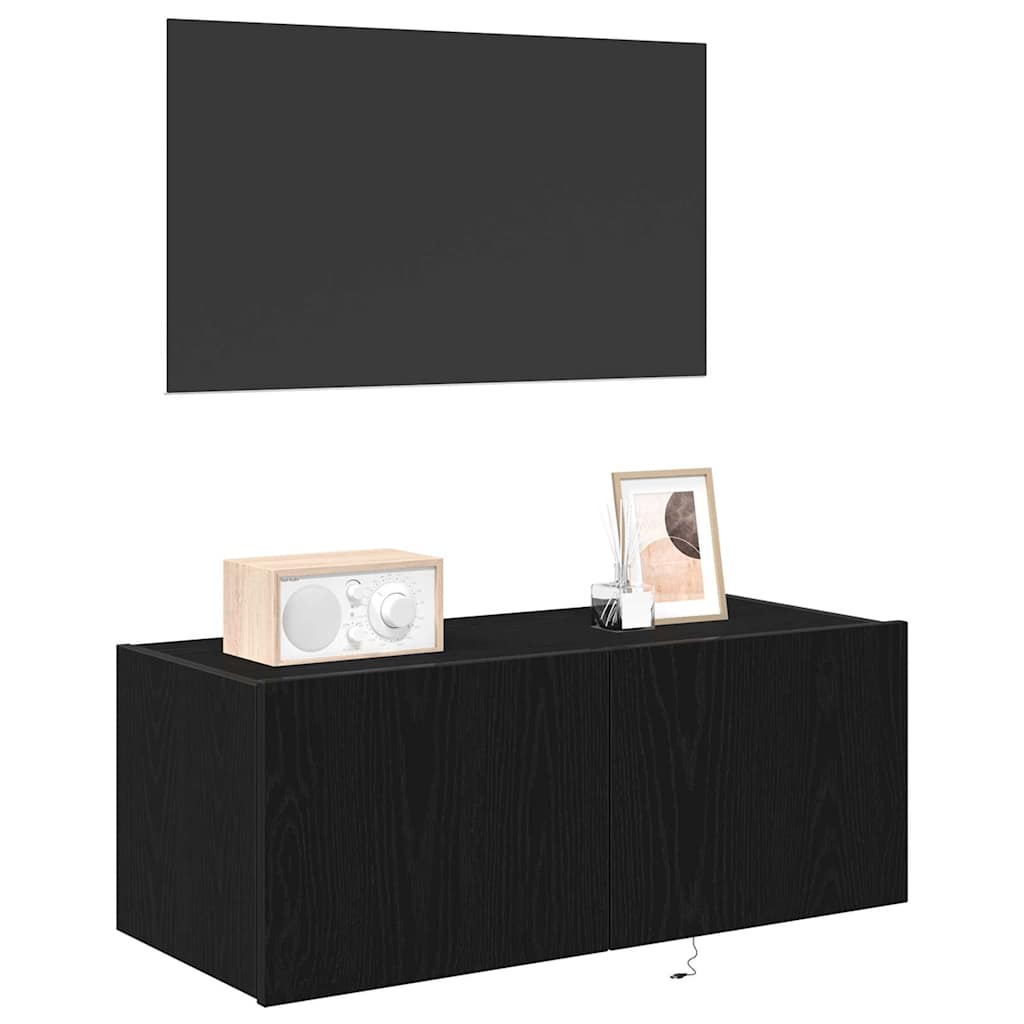 Tv Vägghylla Med Led Svart Ek 80 X 35 X 31 Cm Konstruerat Trä