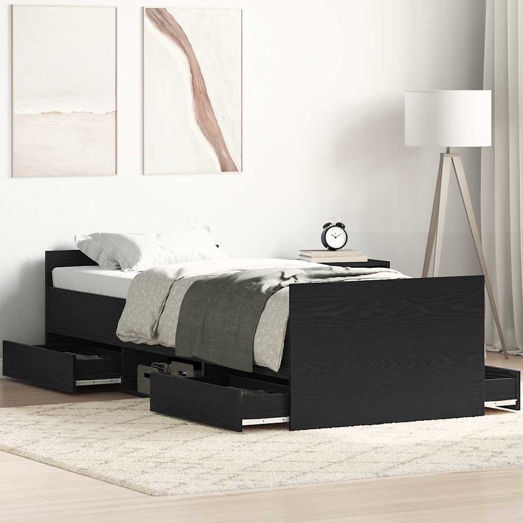 Sängram Med Låda Svart Ek 193 X 78 X 50 Cm Konstruerat Trä