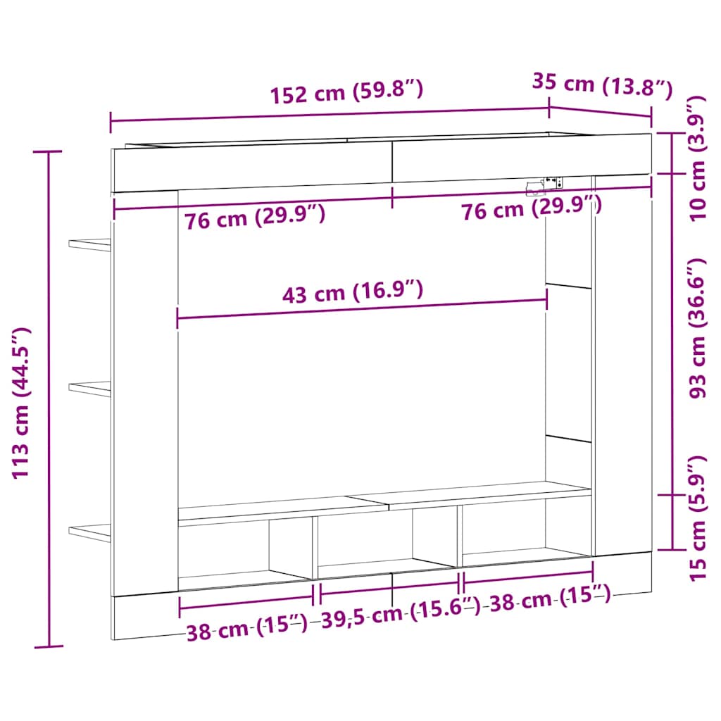 Tv-Skåp Väggmonterad Svart Ek 152 X 22 X 113 Cm Konstruerat Trä