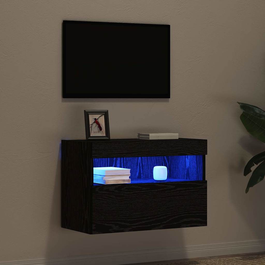 Tv Vägghylla Med Led Svart Ek 60 X 30 X 40 Cm Konstruerat Trä