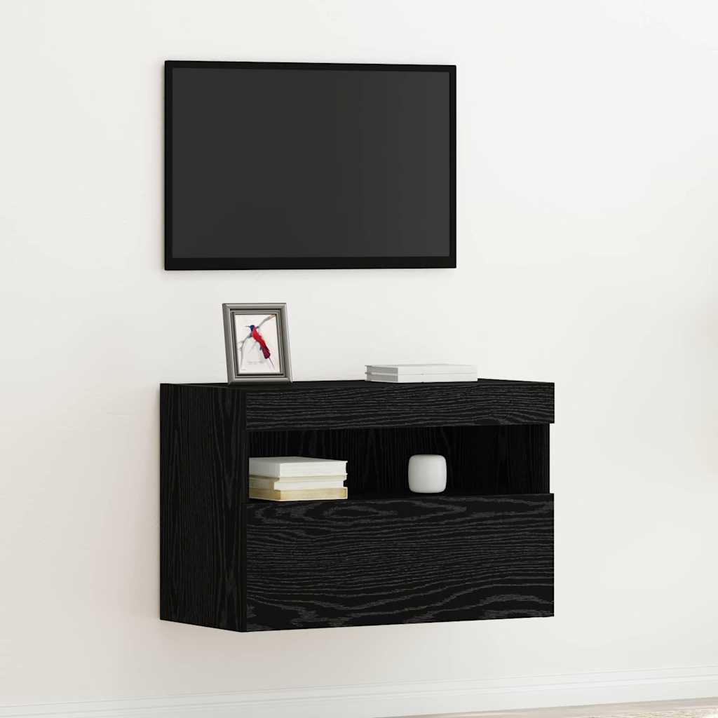 Tv Vägghylla Med Led Svart Ek 60 X 30 X 40 Cm Konstruerat Trä