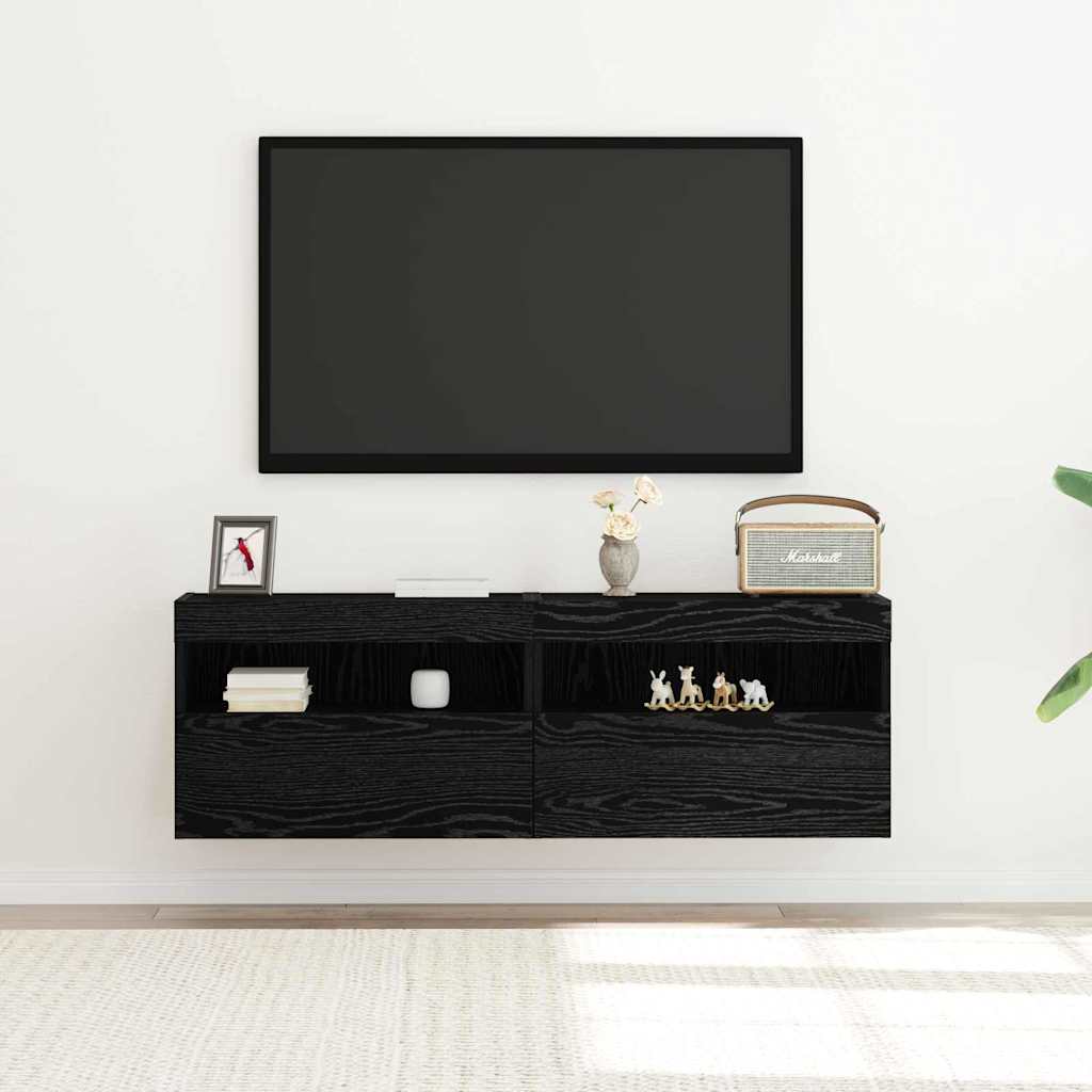 Tv Vägghylla 2 Pcs Svart Ek 60 X 30 X 40 Cm Konstruerat Trä