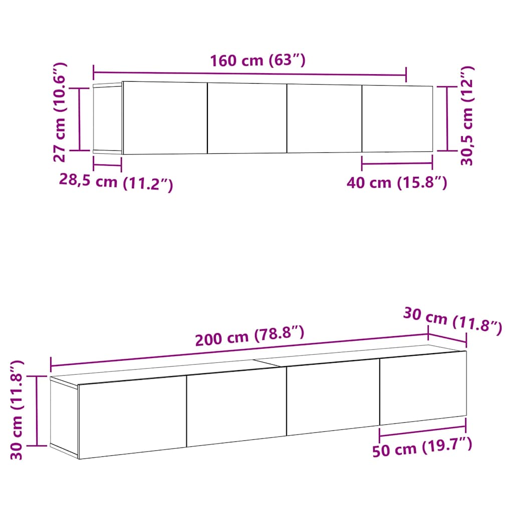Tv-Bänkset Väggmonterad 4 Pcs Svart Ek Konstruerat Trä