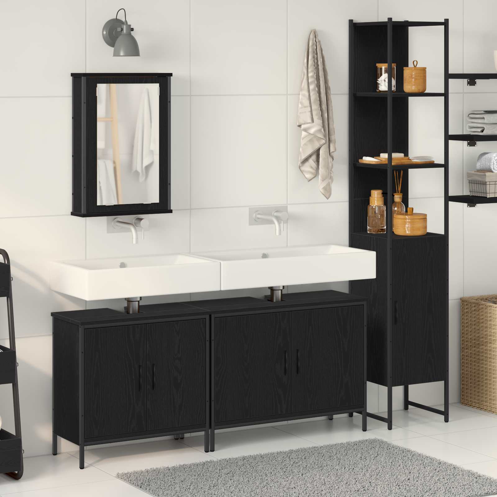 Badrumsmöbelset Med Hylla Med Dörr 4 Pcs Svart Konstruerat Trä