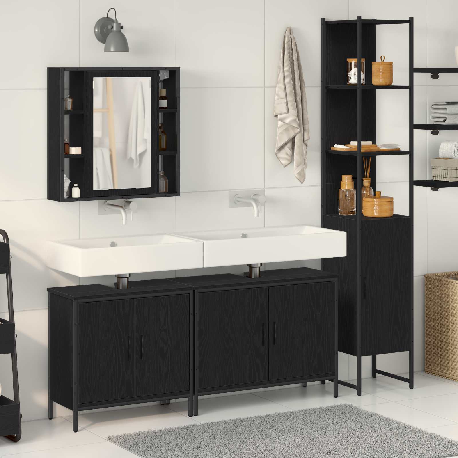 Badrumsmöbelset Med Hylla Med Dörr 4 Pcs Svart Konstruerat Trä