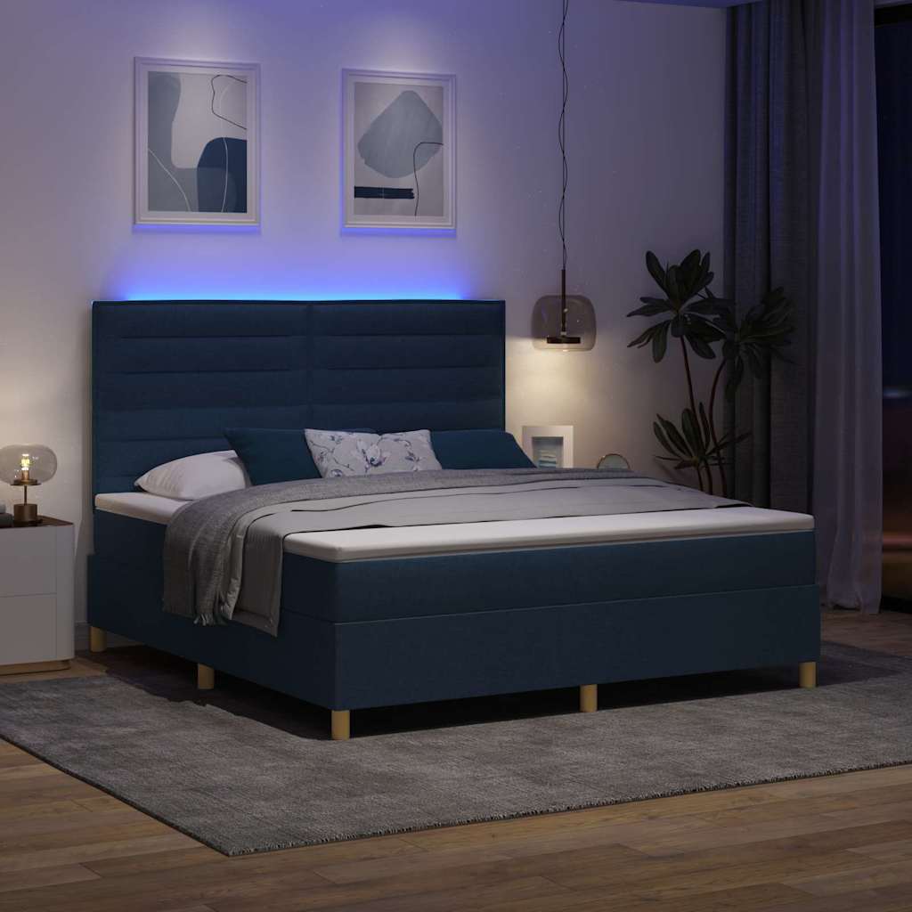 Led Box Säng Med Madrass Med Huvudgavel Blå 180 X 200 Cm Tyg