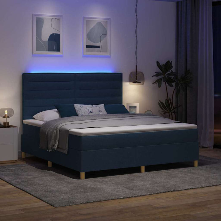 Led Box Säng Med Madrass Med Huvudgavel Blå 180 X 200 Cm Tyg