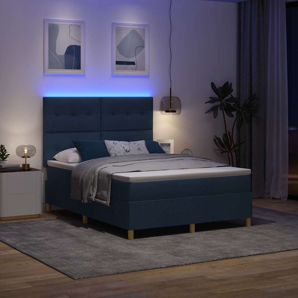 Led Box Säng Med Madrass Med Huvudgavel Blå 140 X 200 Cm Tyg