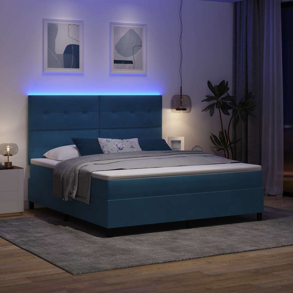 Led Box Säng Med Madrass Mörkblå 180 X 200 Cm Sammet