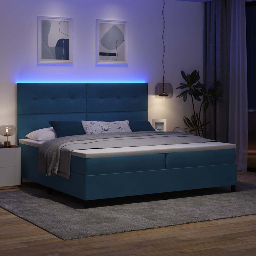 Led Box Säng Med Madrass Mörkblå 200 X 200 Cm Sammet