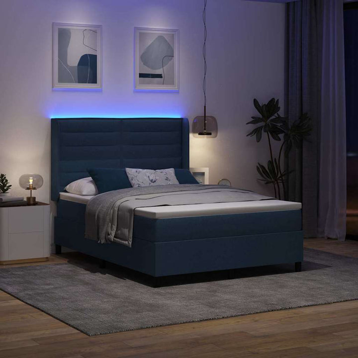 Led Box Säng Med Huvudgavel Blå 140 X 190 Cm Tyg