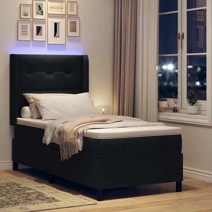 Led Box Säng Med Huvudgavel Svart 90 X 200 Cm Tyg