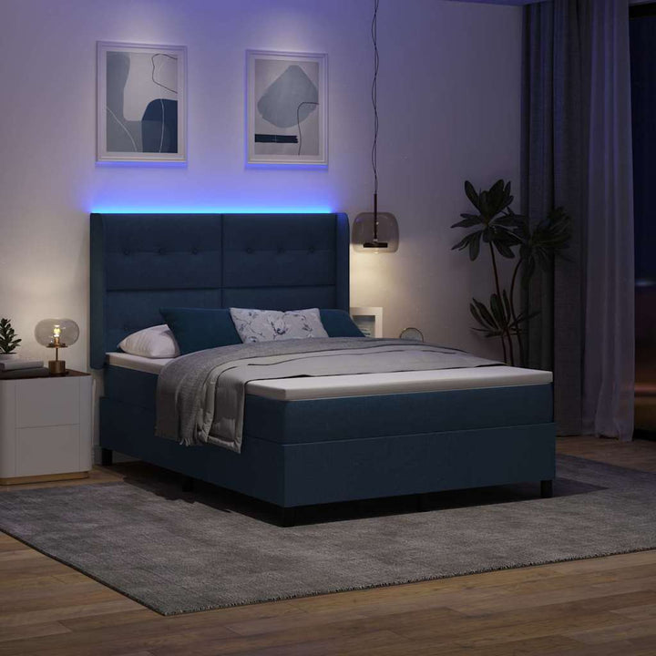 Led Box Säng Med Madrass Med Huvudgavel Blå 140 X 190 Cm Tyg