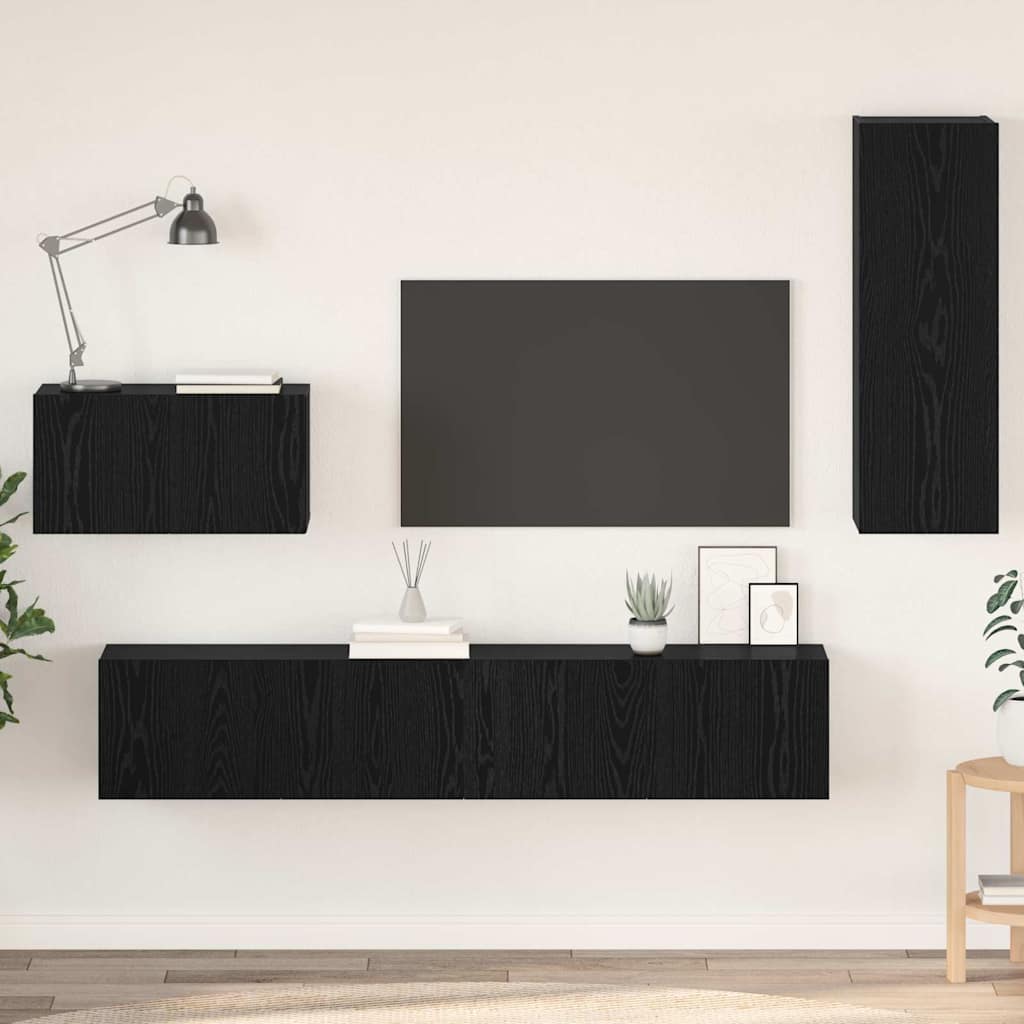 Vägg Tv Skåp Väggmonterad 4 Pcs Svart Ek Konstruerat Trä