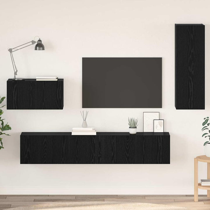 Vägg Tv Skåp Väggmonterad 4 Pcs Svart Ek Konstruerat Trä