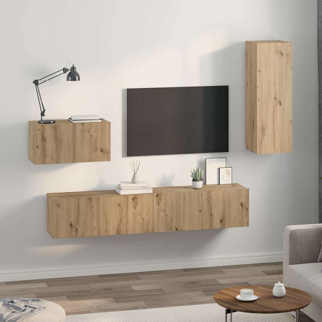 Vägg Tv Skåp Väggmonterad 4 Pcs Artisan Ek Konstruerat Trä