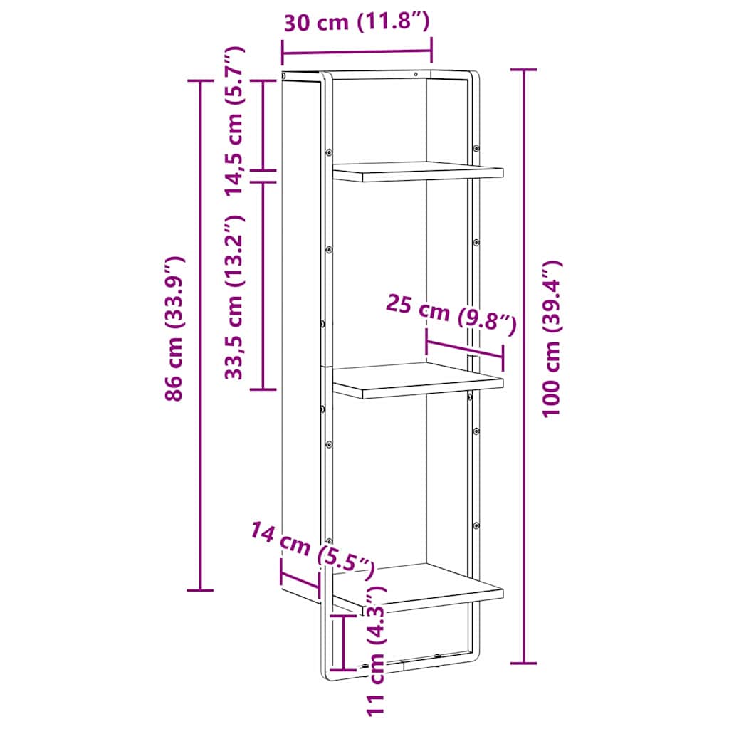 Vägg Hylla Med Hylla Svart Ek 30 X 25 X 100 Cm Konstruerat Trä