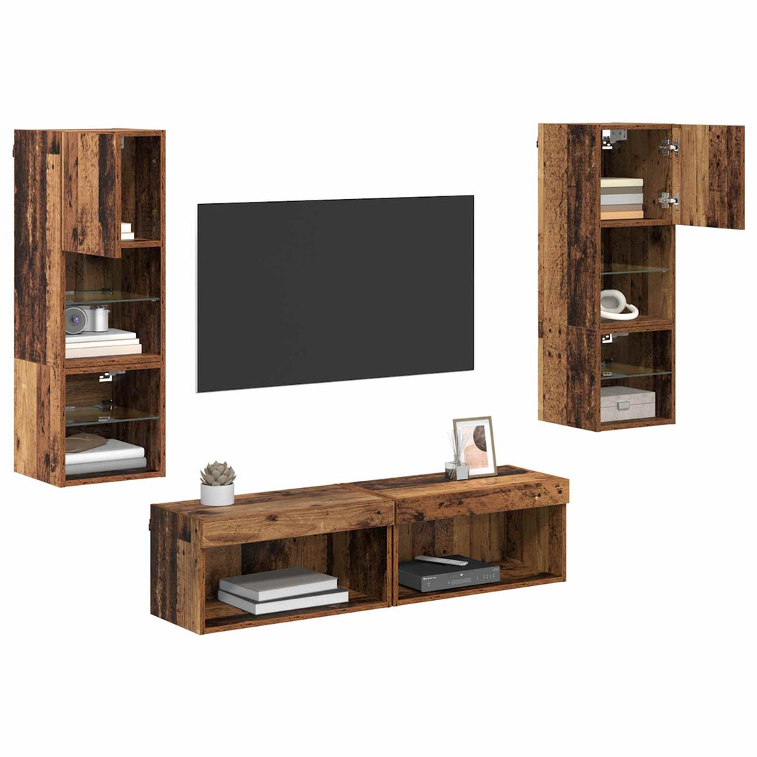 Tv-Väggmodul Väggmonterad 6 Pcs Gammalt Trä Konstruerat Trä