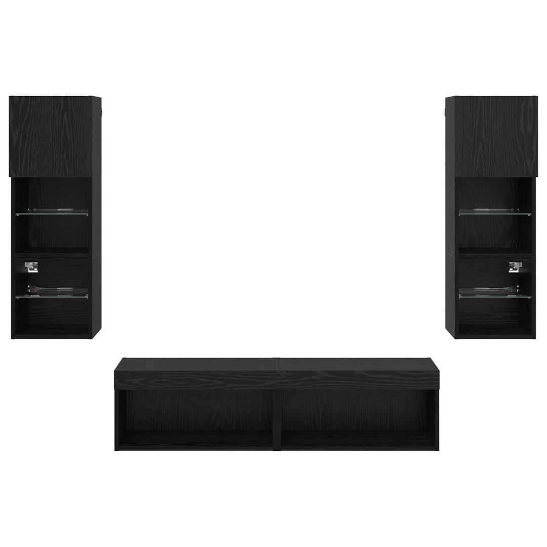 Tv-Väggmodul Med Led -Remsljus 6 Pcs Svart Ek Konstruerat Trä