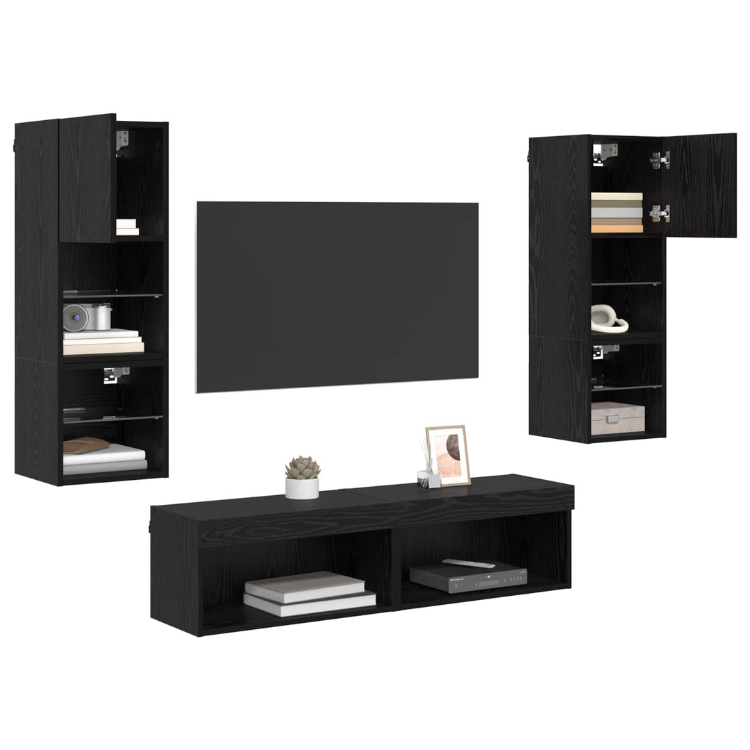 Tv-Väggmodul Med Led -Remsljus 6 Pcs Svart Ek Konstruerat Trä