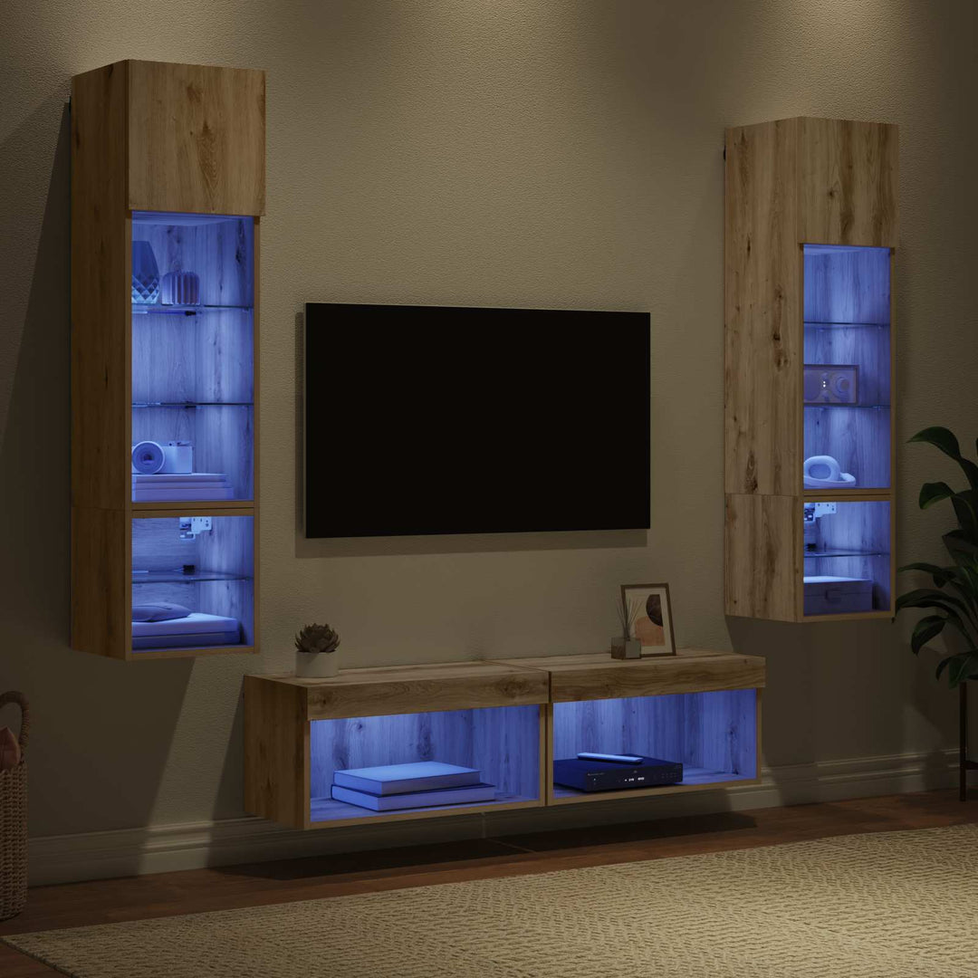 Tv-Väggmodul Med Led -Remsljus 6 Pcs Artisan Ek Konstruerat Trä