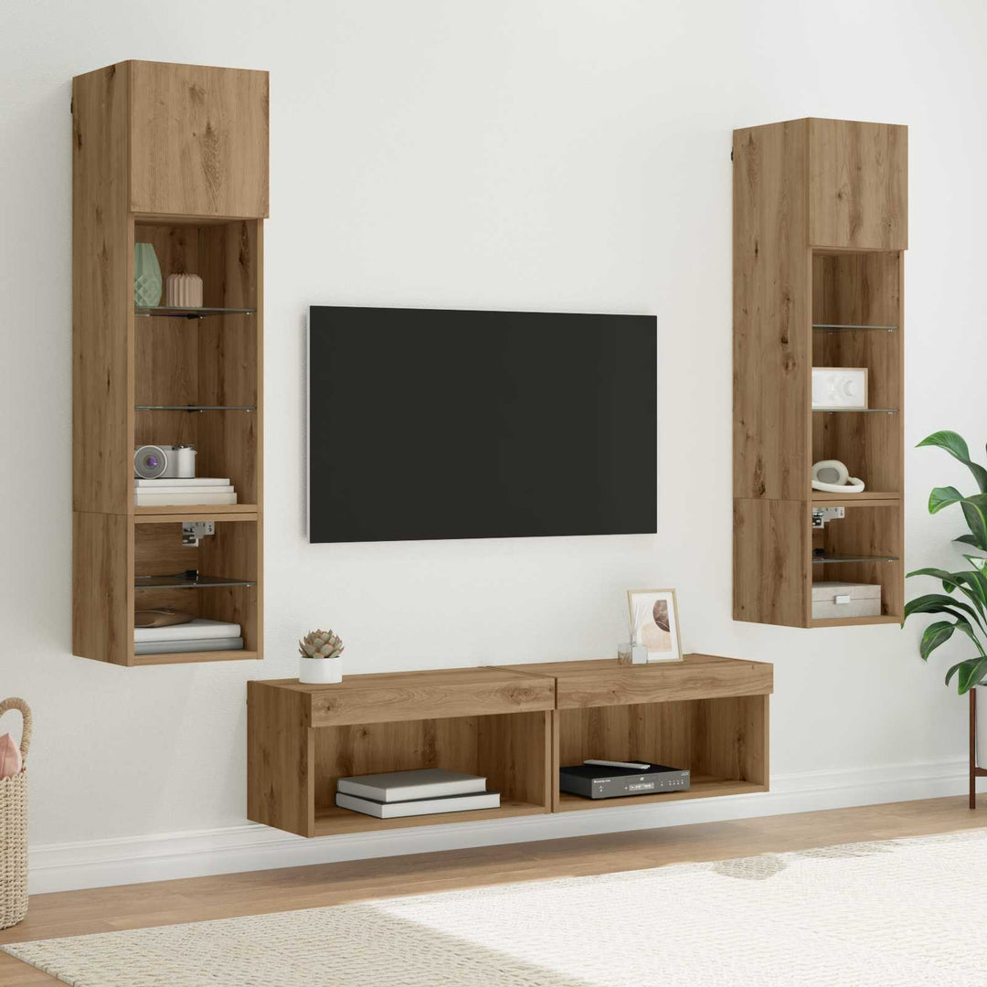 Tv-Väggmodul Med Led -Remsljus 6 Pcs Artisan Ek Konstruerat Trä
