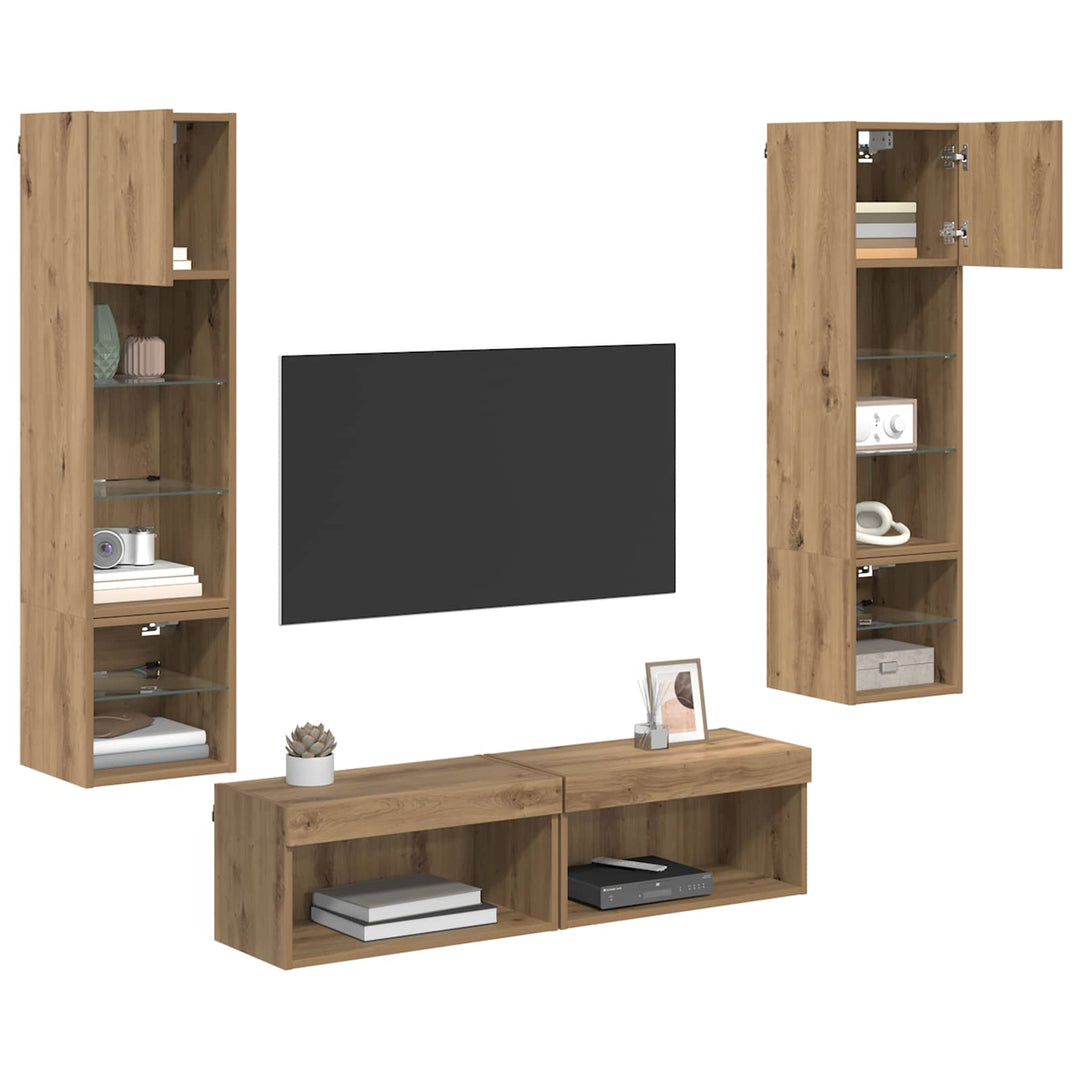 Tv-Väggmodul Med Led -Remsljus 6 Pcs Artisan Ek Konstruerat Trä