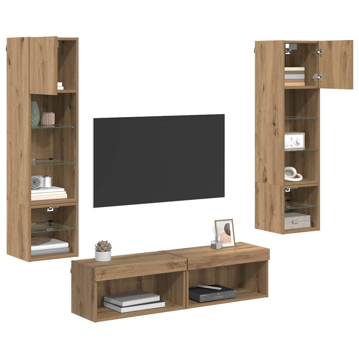 Tv-Väggmodul Med Led -Remsljus 6 Pcs Artisan Ek Konstruerat Trä