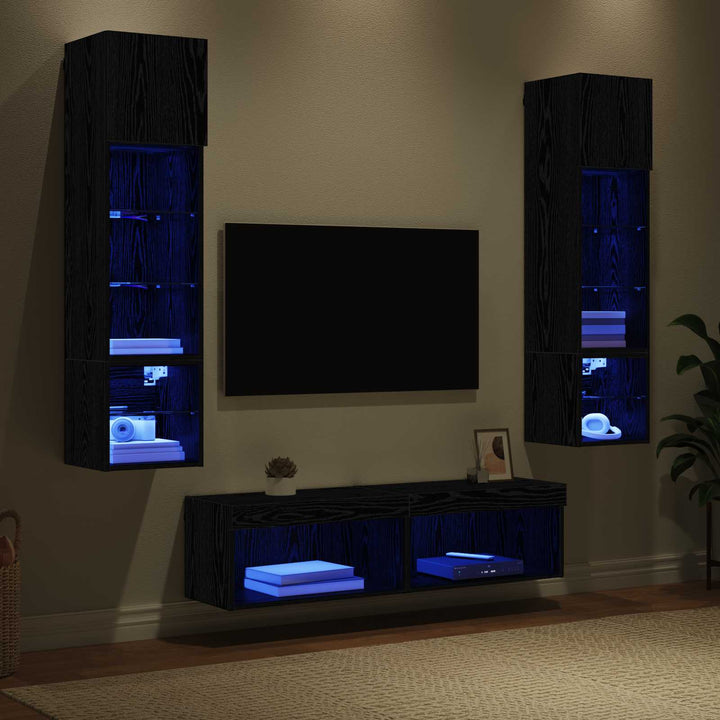 Tv-Väggmodul Med Led -Remsljus 6 Pcs Svart Ek Konstruerat Trä