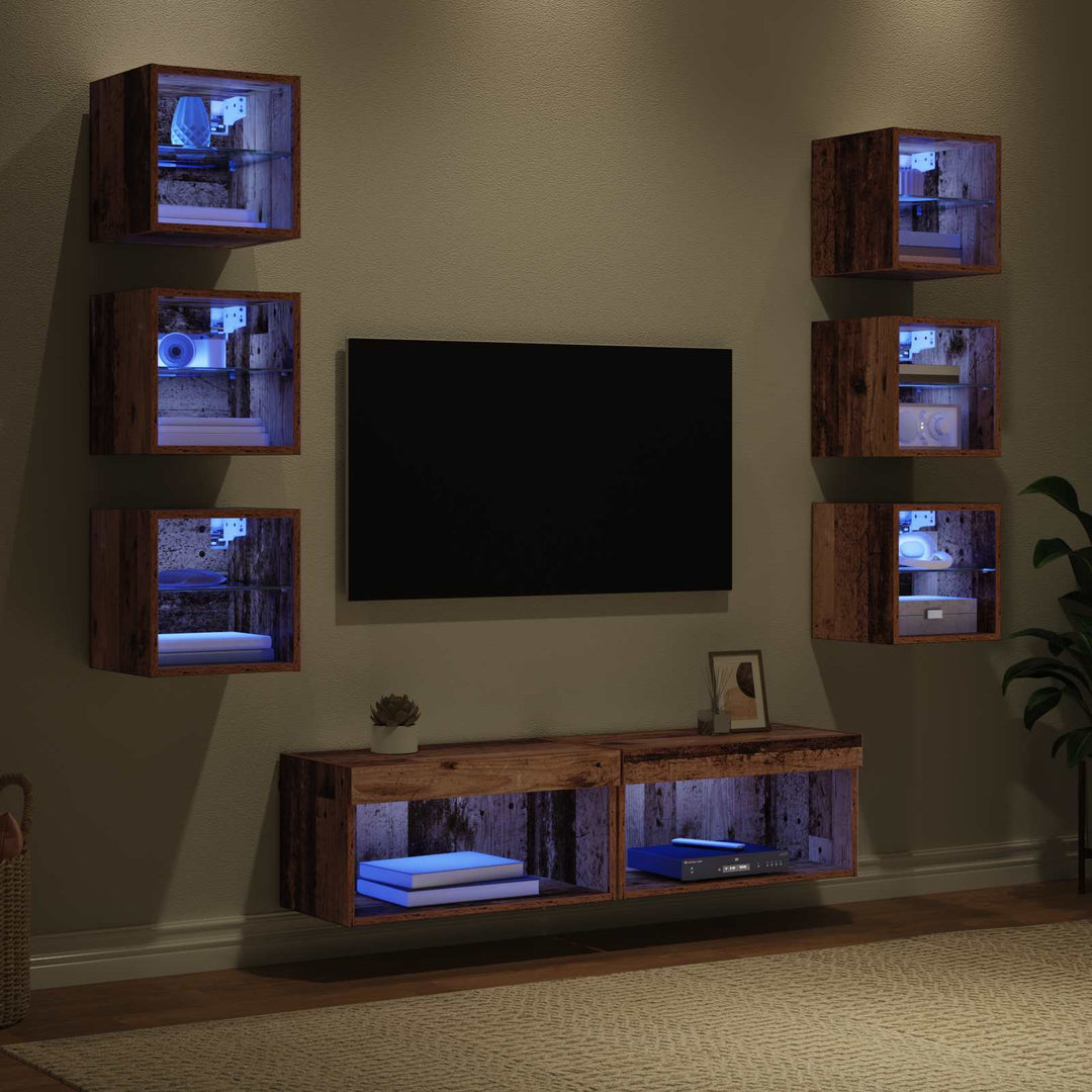 Tv-Skåp Med Led -Remsljus Med Låda 8 Pcs Gammalt Trä Glas