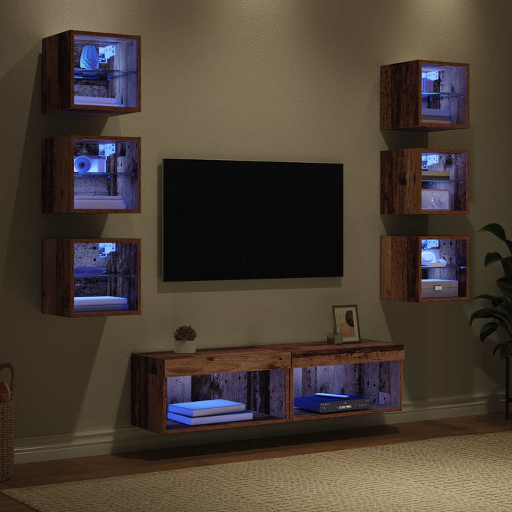 Tv-Skåp Med Led -Remsljus Med Låda 8 Pcs Gammalt Trä Glas