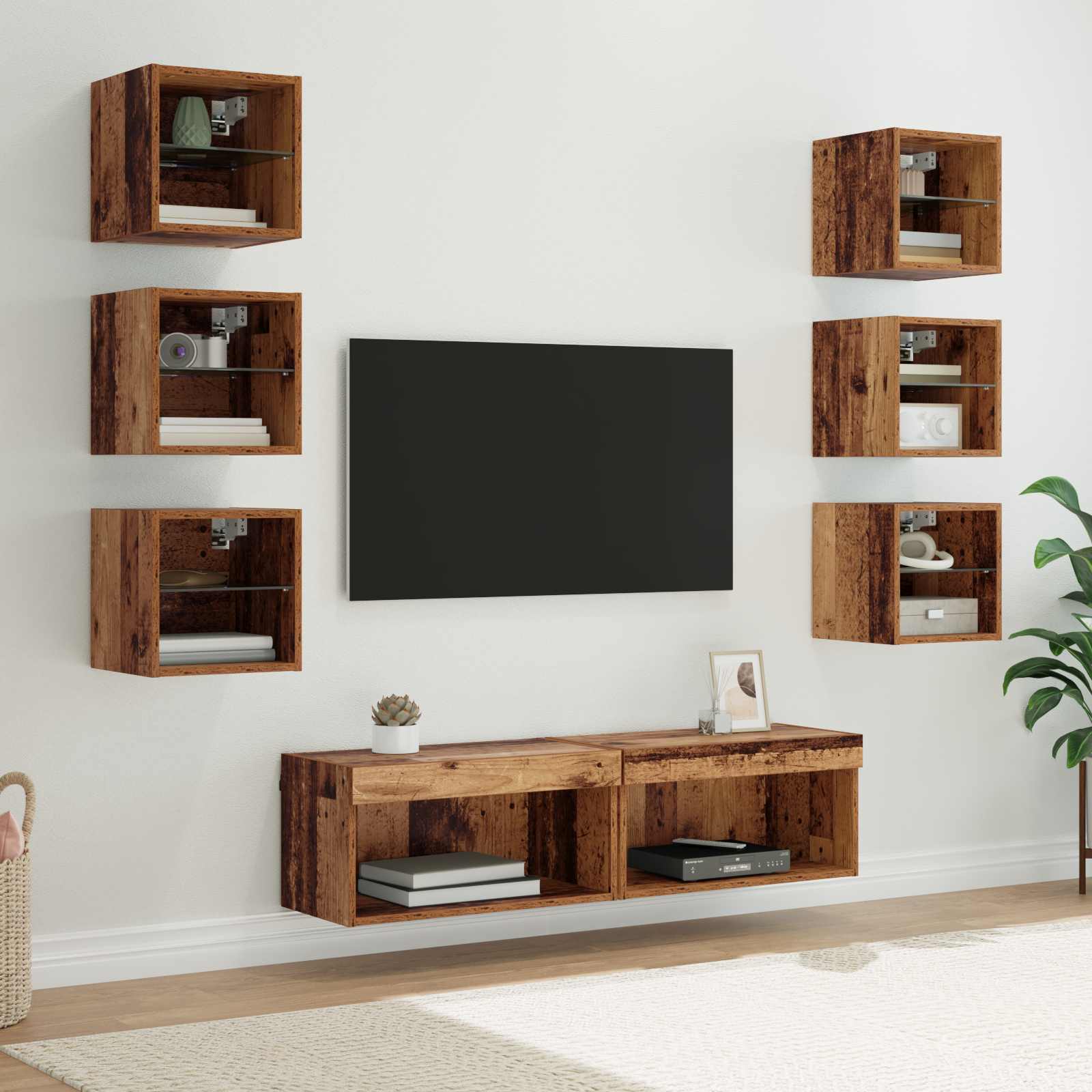 Tv-Skåp Med Led -Remsljus Med Låda 8 Pcs Gammalt Trä Glas