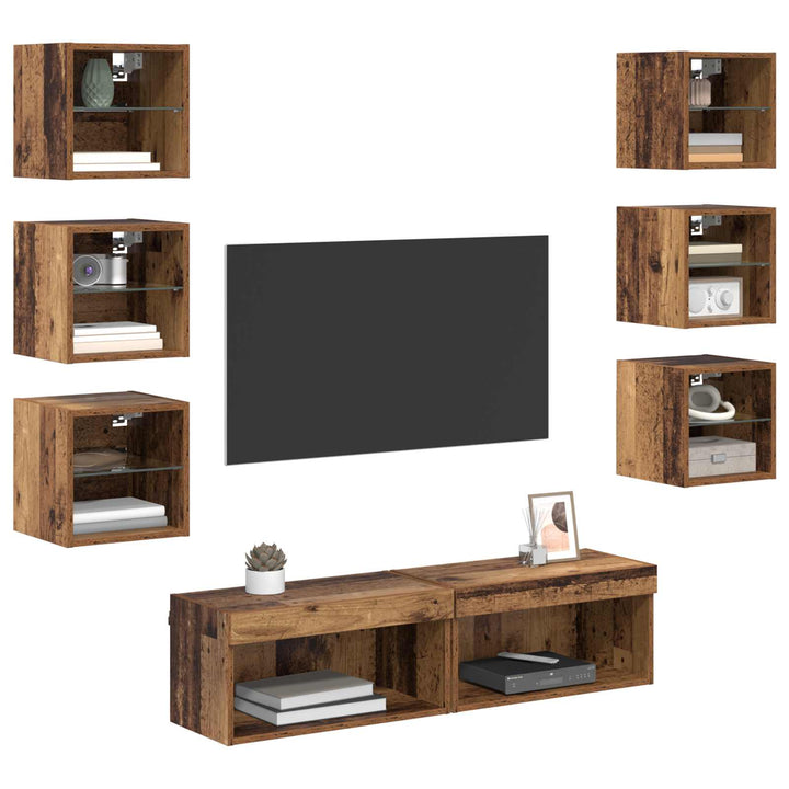 Tv-Skåp Med Led -Remsljus Med Låda 8 Pcs Gammalt Trä Glas