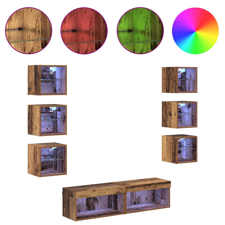 Tv-Skåp Med Led -Remsljus Med Låda 8 Pcs Gammalt Trä Glas