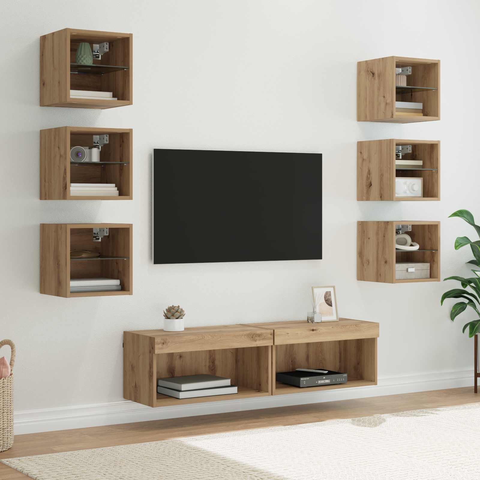 Tv-Skåp Med Led -Remsljus Med Låda 8 Pcs Artisan Ek Glas