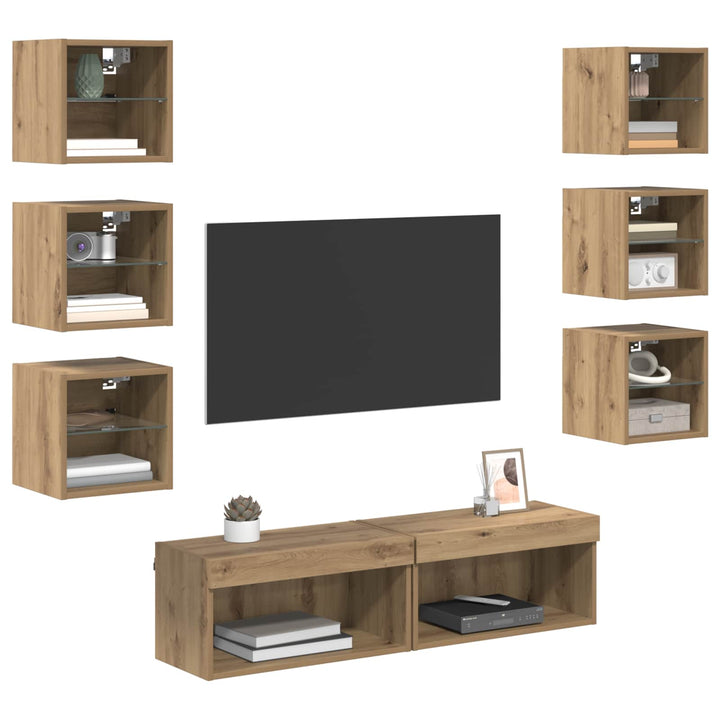 Tv-Skåp Med Led -Remsljus Med Låda 8 Pcs Artisan Ek Glas