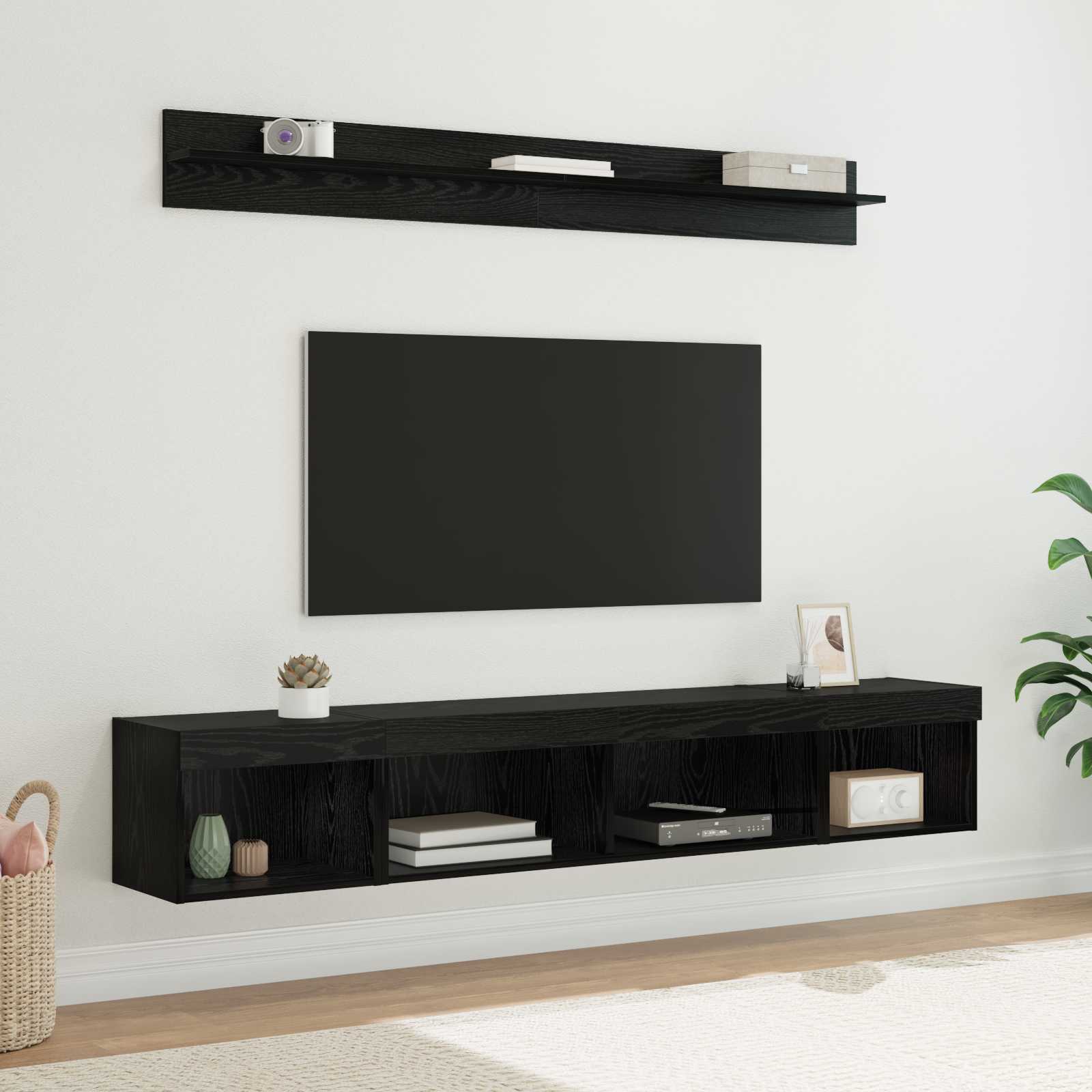 Tv Väggskåp Set Med Led 5 Pcs Svart Ek Konstruerat Trä