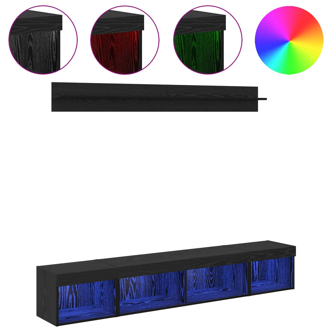 Tv Väggskåp Set Med Led 5 Pcs Svart Ek Konstruerat Trä