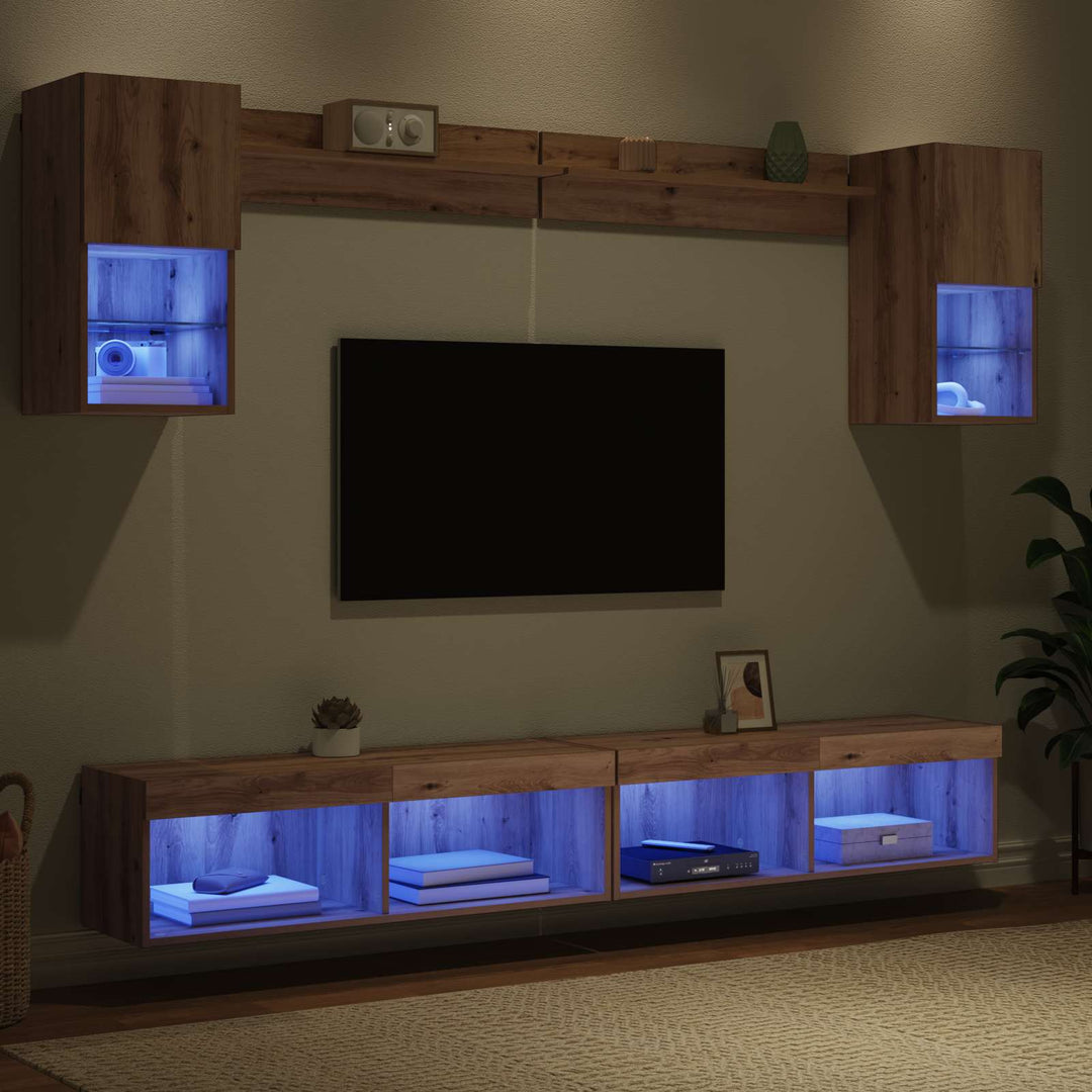 Tv-Väggenheter Med Led Med Led 6 Pcs Artisan Ek Konstruerat Trä