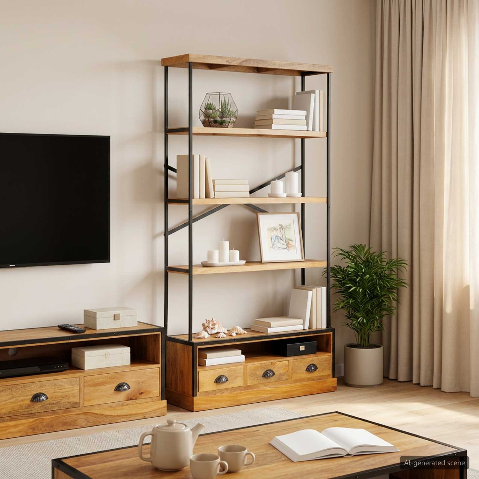 5-Tier Bokhylla Naturlig 100 X 30 X 180 Cm Massivt Mangoträ