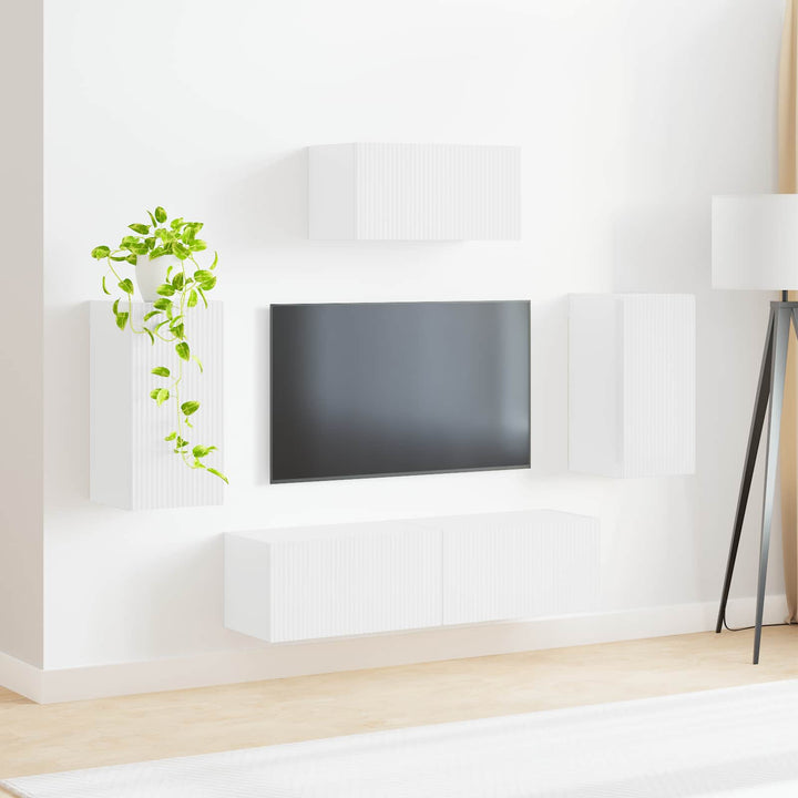 Tv-Bänkset Väggmonterad 5 Pcs Högblanka Vita Konstruerat Trä