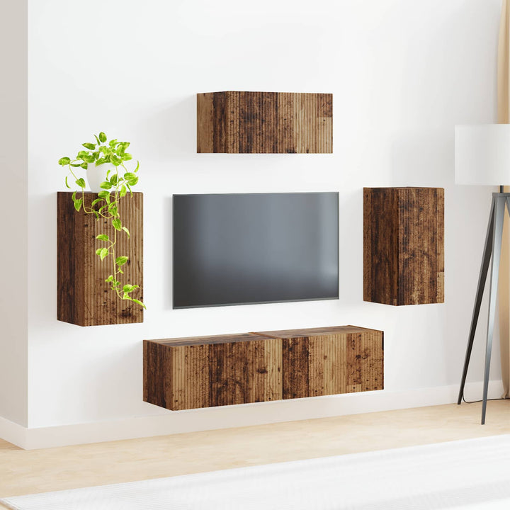 Tv-Bänkset Väggmonterad 5 Pcs Gammalt Trä Konstruerat Trä