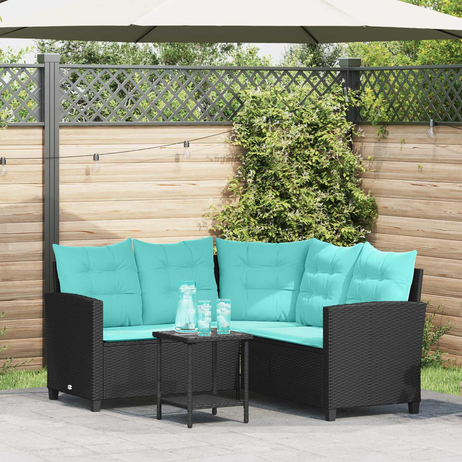 Trädgårdsoffa Med Kudde 2 Pcs Svart Och Turkos Poly Rattan
