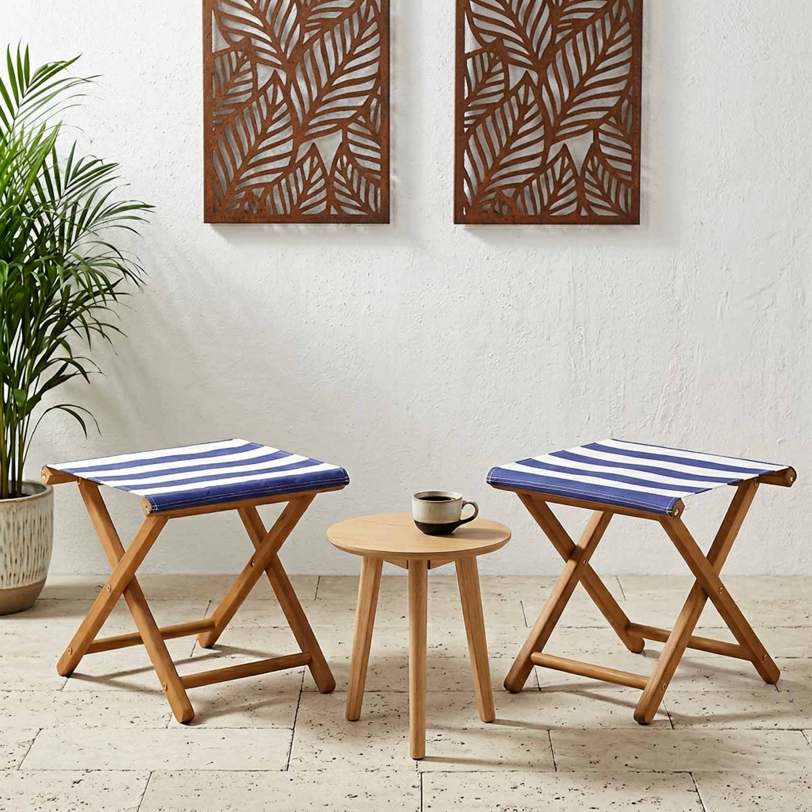 Deck Chair 2 Pcs Massiv Eukalyptus Trä Blå Och Vit
